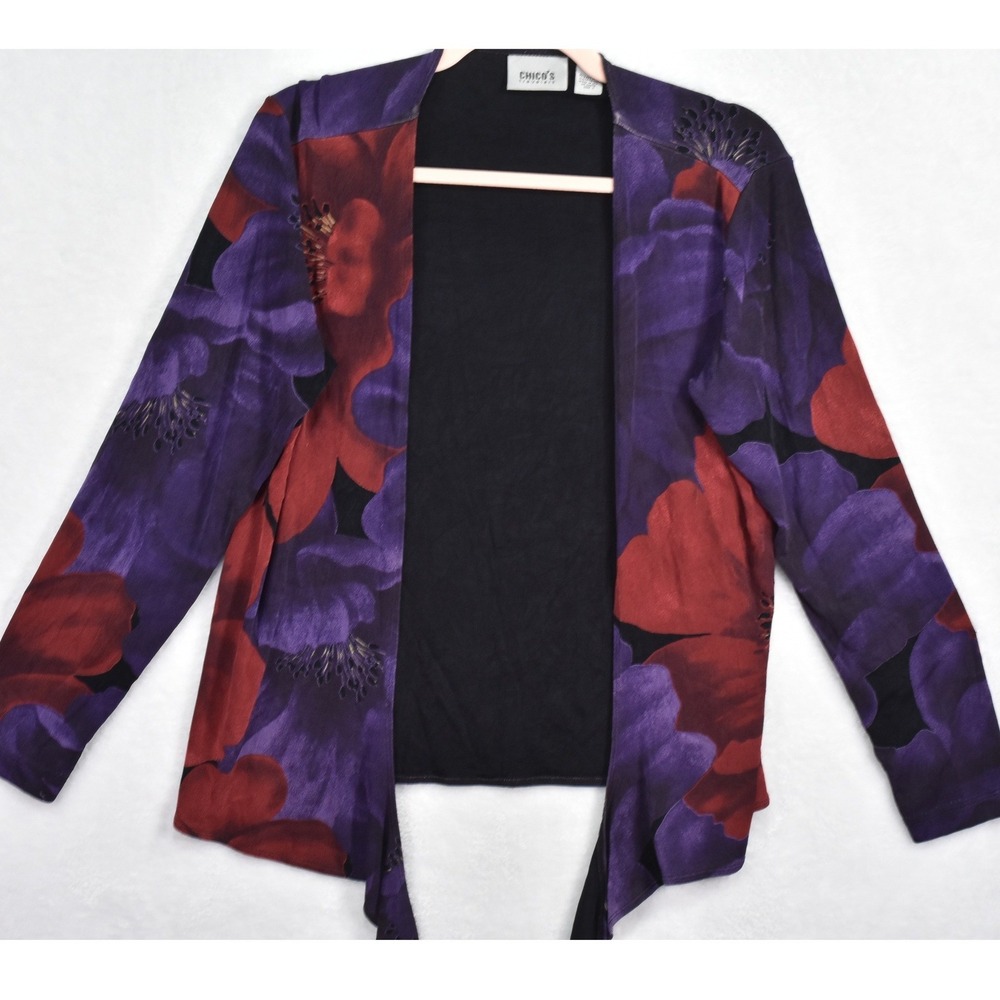 Chico's Cardigan Womens Medium Purple Floral Open Front Travelers Slinky Knit